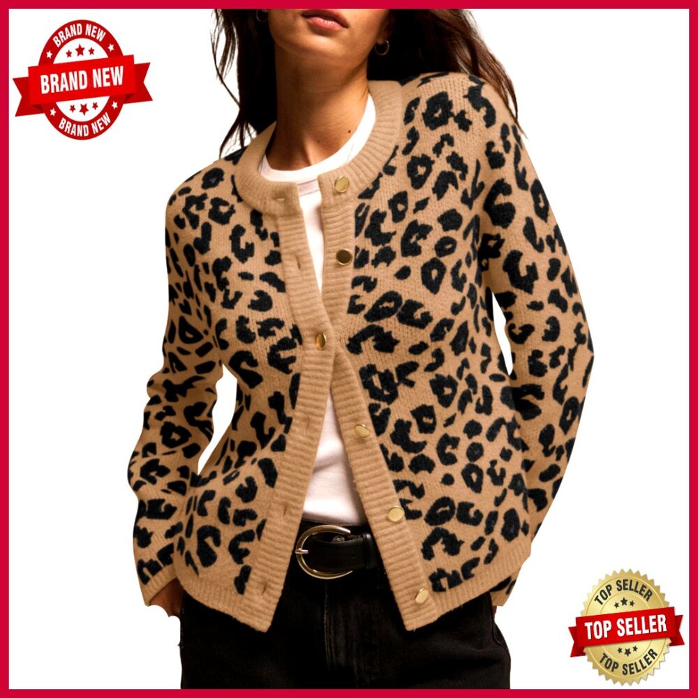 Leopard Print Cardigan Open Front Button Down Knit Sweater Long Sleeve Fall
